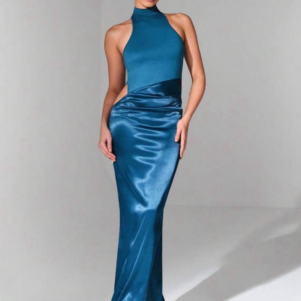 Elegant Teal Satin Halter Dress